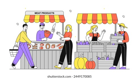 People with local market linear. Men and woman near meat and vegetables. Farming and agriculture. Farmers sell natural and organic products with vitamins. Simple flat vector illustration