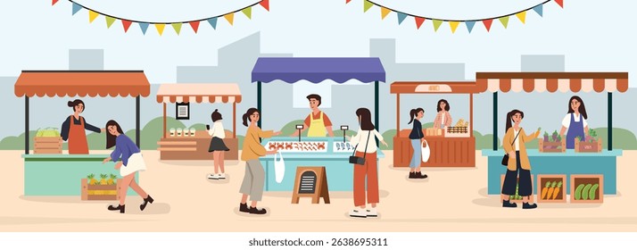 People at local market. People shopping. Street food. Traditional market. Busy farmer market scene. 
