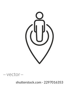 people location icon, map pin with nearby human, thin line symbol - editable stroke vector illustration