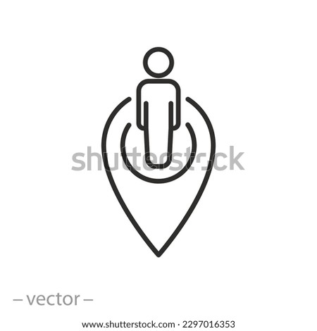 people location icon, map pin with nearby human, thin line symbol - editable stroke vector illustration