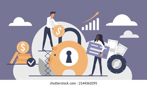 People lock savings in moneybox under protection vector illustration. Cartoon man putting money coin in piggy bank, woman holding credit card. Banking, safe finance and economy, budget concept