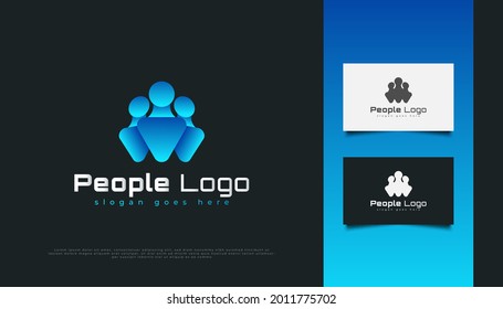 Diseño de logotipos de personas en degradado azul. Personas, comunidad, red, centro creativo, grupo, logotipo de conexión social o icono para la identidad empresarial
