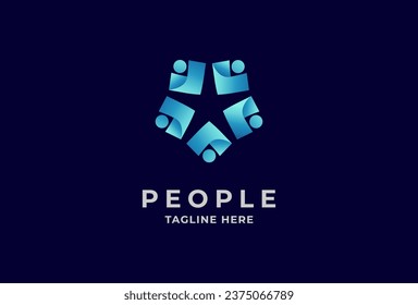 People logo design. five people forming a star inside negative space. Community  human Logo template element. vector illustration