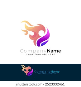 Menschen-Logo und Feuer-Design-Kombination, Abstraktes Flammensymbol