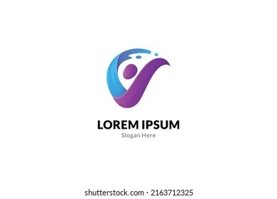 People logo in letter V and water splash. Simple, abstract, organic, young and cheerful 3d design style. Suitable for water sports, health, freshness and beverage products.