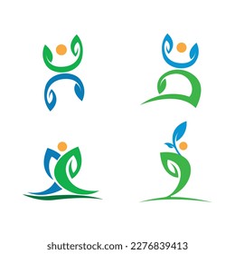 People logo, plant wellness, leaf yoga active and nature symbol design icon set