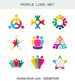 People Logo Set. Group Of Two, Three, Four Or Five People Logos. Social Network Symbols. Happy People Color Icons.