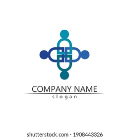 Logotipo de personas, equipo, trabajo de personas exitosas, grupo y comunidad, vectores de logotipo de empresa y empresa y diseño Cuidado, icono de familia Logotipo de éxito
