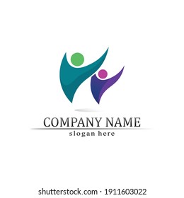 Logotipo de personas, equipo, trabajo de personas exitosas, grupo y comunidad, vectores de logotipo de empresa y empresa y diseño Cuidado, icono de familia Logotipo de éxito