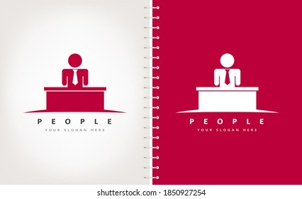 People logo vector. Man with tie stands near the table.