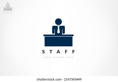 People logo vector. Man with tie stands near the table.