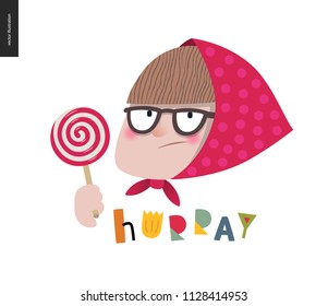 People - lollypop - flat vector concept illustration of an old woman with glasses, poker face, bang and red shawl with pink polka dots holding a white lollypop and red spiral. Hurray lettering.