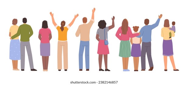 People look back and wave hands, man, woman and children saying goodbye, diversity of man and woman. People in casual cloth standing backwards, gesturing kinds and adults