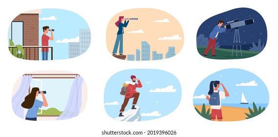 People look future. Different characters with spyglass and telescope look distance, city environment or nature, choosing strategy. New horizons and direction choice. Vector cartoon set