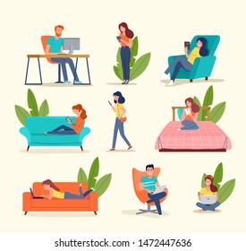 People look at gadgets. Big set. Vector flat illustration