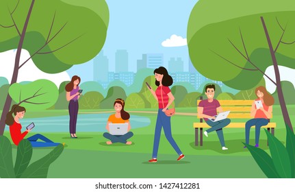 People look at gadgets in the park. Vector flat style illustration