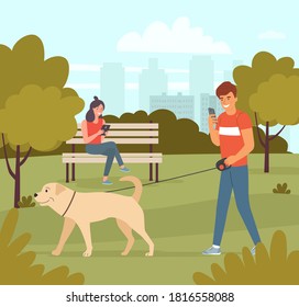 Die Leute sehen Gadgets im Park an. Vektorgrafik-Illustration mit Flachbild-Cartoon