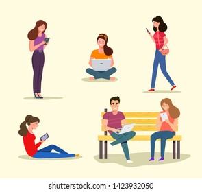 People look at gadgets. Vector flat illustration