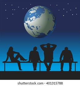 People look at a globe. Vector with gradient.