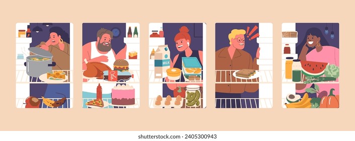 People Look Inside Of Fridge Set. Hungry Characters Check Food Groceries, Products And Nutrition, Vector Illustration