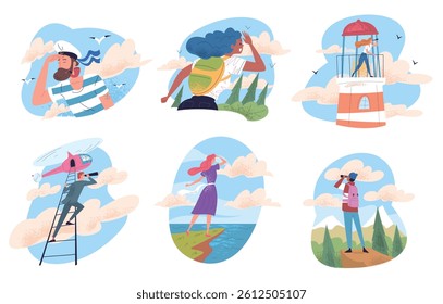 People look into future. Curiosity person looking horizon, man spyglass telescope explore distance goals on tomorrow leader vision perspective discovery, classy vector illustration original artwork