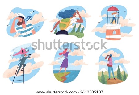 People look into future. Curiosity person looking horizon, man spyglass telescope explore distance goals on tomorrow leader vision perspective discovery, classy vector illustration original artwork