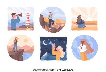 People look into future. Men and women stand on edge of cliff, top of mountain and fork in road with binoculars. Concept of new horizons, choice of direction. Set of flat cartoon vector illustrations