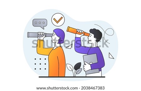 People look into future through telescope. Curious businessmen looking for new idea for development and promotion. Business vision. Cartoon doodle flat vector illustration isolated on white background