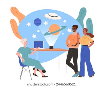 People look into space indoors. Man and women with astrology and astronomy. Stars and planets, UFO. Imagination and fantasy, dream. Cartoon flat vector illustration isolated on white background