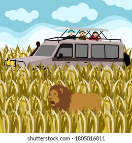 La gente mira al león en el monte en la ilustración vectorial de savana. Viajando a la pradera