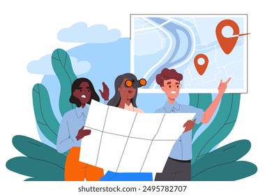 People look at map. Man and women planning route. Tourists and travelers guided by locality. Travels and tourism. Explorers with map. Flat vector illustration isolated on white background