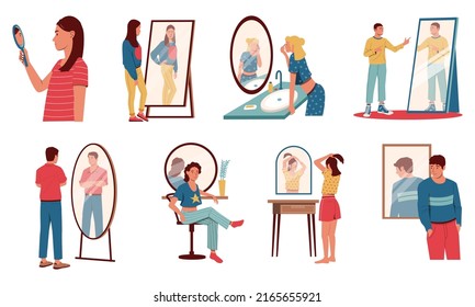 People Look In Mirror. Cartoon Characters Seeing Reflections Of Themselves, Concept Of Egoistic Or Narcissistic Person, Man And Women Proud And Accept Their Look. Vector Set. Confident People Posing