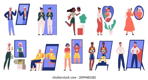 La gente mira en espejo, personajes hombres y mujeres de confianza en sí mismos. Caracteres narcisistas autoabsorbidos, conjunto de ilustraciones vectoriales. Autoconfianza, escenas de motivación. Insatisfacción con la apariencia