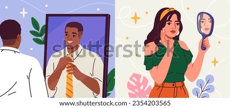 People look in mirror set. Smiling young man and woman doing morning routine and preening in bathroom. Characters take care of their appearance. Cartoon flat vector collection isolated on background