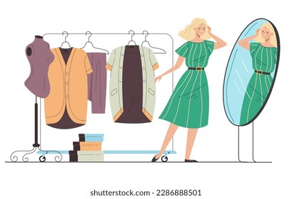 People look at mirror wear trying clothes concept. Vector graphic design illustration
