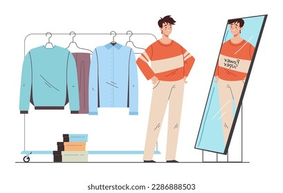 People look at mirror wear trying clothes concept. Vector graphic design illustration
