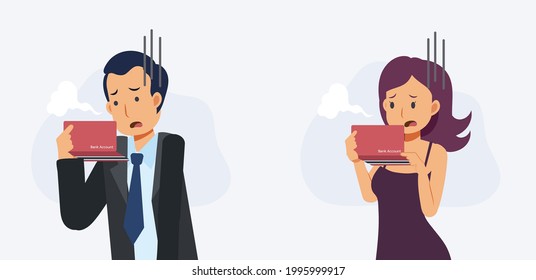 People look at money in book bank account and get sad, worried , disappointed. Less money left in bank account. Flat cartoon character vector illustration.