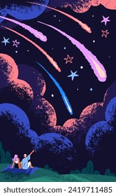 People look up at night sky. Couple is on romantic date on nature, outdoors. Young man pointing with finger on starfall, falling stars. Evening landscape. Dreaming concept. Flat vector illustration
