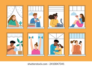 People look in open windows. Residential building facade, funny persons in apartments, cartoon neighbors look out into street, vector set.eps
