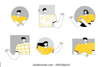 People look out of different shapes and wave their hand. Men and women in circles and squares