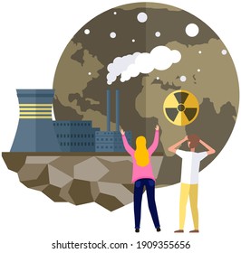 People look at plsnet destroyed by factories. Earth is victim of pollution by radiation and smoke. Saving Earth and ecology care concept. Release of radioactive waste and smog into environment