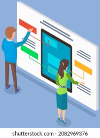 La gente mira el afiche que muestra la estructura del smartphone. Los especialistas examinan los componentes del dispositivo móvil. Elementos técnicos y estructura del teléfono moderno. Componentes electrónicos de estudio para hombres y mujeres