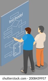 People look at poster showing test model of smartphone structure. Male characters examine components of mobile device. Technical elements and structure of modern phon, electronics components