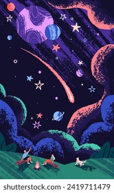 La gente mira al cielo estrellado. Pareja, amigos con perros sentados al fuego en el paisaje del parque. Hombre señalando con el dedo al universo, a los planetas, a las estrellas en caída. Concepto soñador. Ilustración vectorial plana