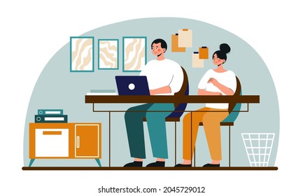 People look at tablet. Colleagues working on one project. Freelancers work on laptops. Human use computer, sharing, Couple, two people. Cartoon flat vector illustration isolated on white background