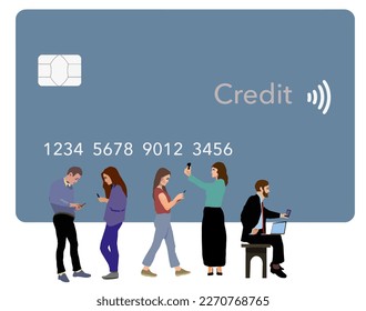 People look at their cell phones as they stand in front of a giant credit card in a vector about cell phone apps linking credit cards for shopping and more.