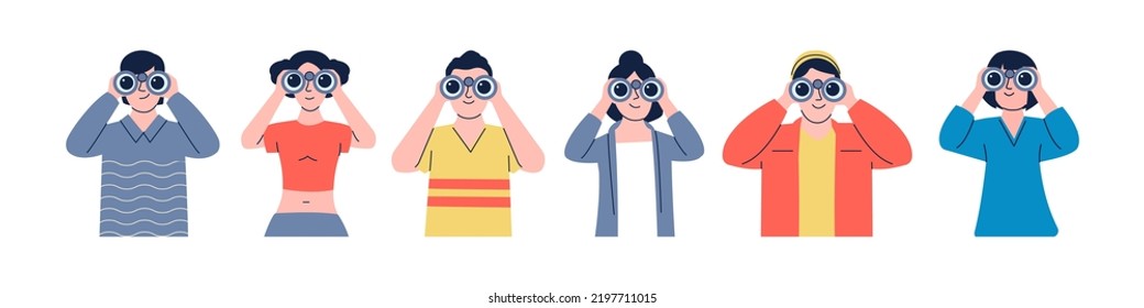 People look through binocular. Search love with binoculars, cartoon guy girl characters looking and research. Business perspectives search, recent vector set