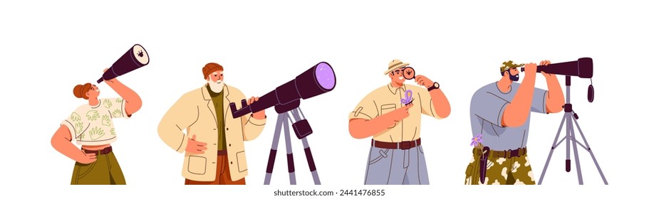 People look through binoculars set. Naturalists observe with telescope, spyglass. Scientists search, explore with magnifier. Discoveries concept. Flat isolated vector illustration on white background