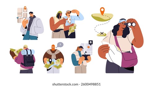 People look for way on map set. Tourists are lost in journey, search route, direction with gps on phone. Characters navigate in hike travel. Flat isolated vector illustrations on white background