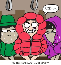 People Look At Young Lady With Her Super Big Puffer Jacket While Travelling On Bus Or Subway Train Concept Cartoon Character illustration
